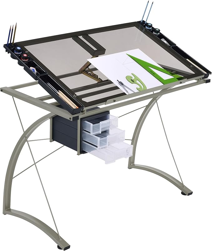 Coaster Home Furnishings - Melo - Metal and Glass - 41-Inch Drafting Table with Adjustable Pitch, Three Drawers, Retractable Pencil Ledge and Storage Compartments - Home Office - Silver - 800986