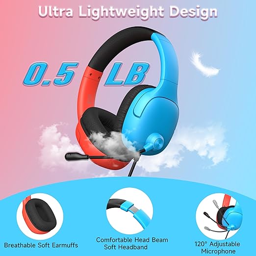 Gaming Headset for Nintendo Switch/Lite/OLED, Gaming Headphones with Mic for Nintendo Switch 2 Fortnite/Sports (Red/Blue)