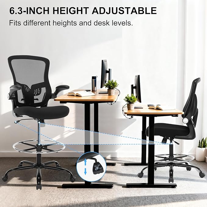 Drafting Chair, Ergonomic Tall Office Chair with Lumbar Support Standing Desk Stool with Flip-up Armrests Comfy High Office Desk Chair with Adjustable Foot Ring for Counter Height Desk, Black