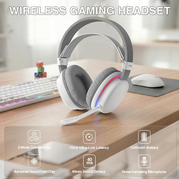 AULA G7 Wireless Gaming Headset with Detachable Noise Canceling Mic, 40mm Driver, BT5.3 Gaming Headphones with RGB Light, 10ms Latency, 60Hr Battery, PC Gaming Headset for PS5,PS4, Switch,Xbox,PC