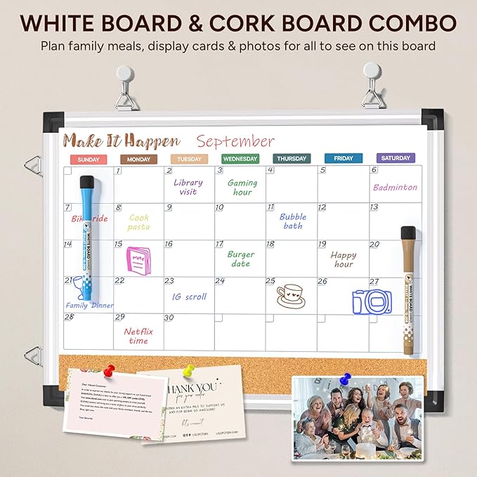 Marsrock Monthly Dry Erase Board and Cork Board Combo for Wall, 17"x13" Reversible Hanging Dry Erase Board, Double Sided White Board with Aluminum Frame for Planning, Office, Kitchen, School, Home
