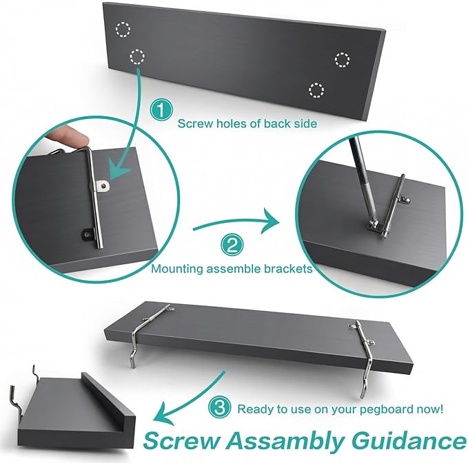 Black Pegboard Shelves with Lip, 14" x 4" Peg Board Racks 3Pack Wall Organizer Shelf, 1/4 inch Heavy Duty Metal Brackets Fit All Pegboards, Display Craft Garage Workbench Office Shelving Accessories