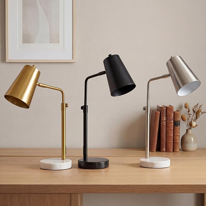 VONLUCE 20" Desk Lamp with LED Bulb, Metal Table Lamp Marble Base, Mid Century Modern Reading Lamp Office, Industrial Task Lamp Work Lamp for Reading Bedroom, Black
