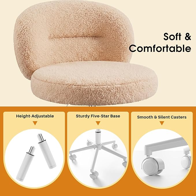 Homkdom Small Round Vanity Chair with Back, Armless Home Office Desk Chairs, Height Adjustable & 360° Swivel, Cute Comfy Vanity Computer Chair for Bedroom, Home Office, Yellow