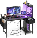 Grandder Gaming Desk 40 Inch with Power Outlet and LED Light, Computer Desk with Reversible Shelves and Storage Drawer, Pc Small Desk for Home Office Table with Bag, Carbon Fiber Black