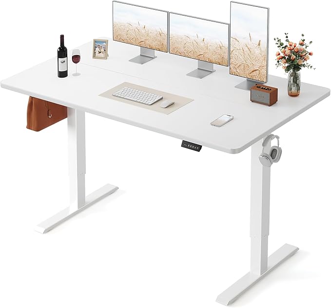 FEZIBO Standing Desk, 55×28 Inches Electric Height Adjustable, Sit Stand Up, Computer Office Desk with Splice Board, While Frame/While TOP