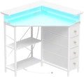 VENNQD Corner Desk with Drawers Shelves for Small Space 90 Degrees Triangle Computer Desk with Power Outlets,Gaming Desk with LED Lights Monitor Stand for Home Office Workstation Writing Table (White)