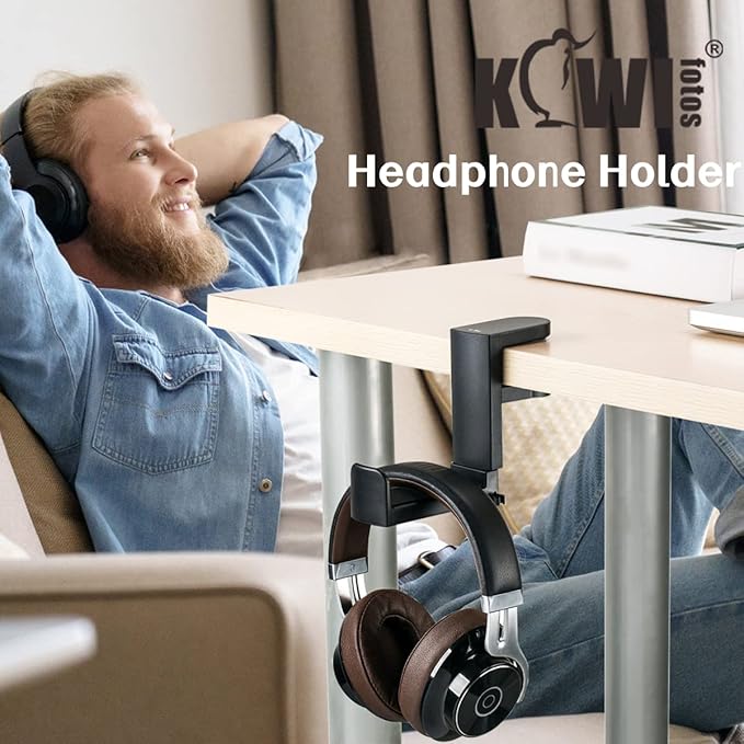 KIWIFOTOS Headphone Stand Holder Under Desk, PC Gaming Headset Hook Hanger Mount with 360 Adjustable Rotating Arm Clamp & Built in Cable Clip - Black