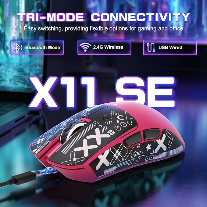 ATTACK SHARK X11SE Wireless Esports Gaming Mouse,Tri-Modes BT5.2/Type-C Wired/2.4G,PixArt PAW3311 Gaming Sensor,22K DPI,59g,5 Programmable Buttons for Laptop,PC,Mac Gamer(Berry Red&Sticker)