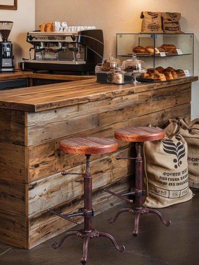 Topower Industrial Retro Vintage Farm Wooden Tractor Stool Kitchen Swivel Height Adjustable Bar Stool (Copper)