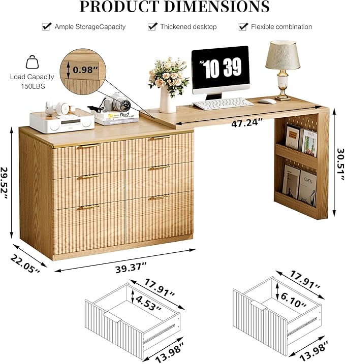 Ieejdn L Shaped Standing Desk,47" Home Office Desks, Executive, Farmhouse Computer Desk with 6 Drawers File Drawer, Rustic Computer Writing, Oak