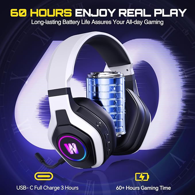 WolfLawS Wireless Gaming Headset for PS5, PC, PS4, 2.4G/Bluetooth Gaming Headphones with Noise Canceling Microphone, USB and Type-C Connector, 7.1 Surround Sound, RGB Lighting, 60H Battery
