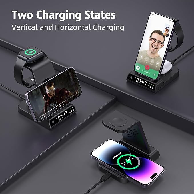 Wireless Charging Station, YiJYi 3 in 1 Watch Charger Stand with Digital Clock Suitable for iWatch SE/6/5/4/3/2/1,AirPods Pro, for iPhone 16/15/14/13/12/11 Pro Max/XS/XR/X/8/Samsung S23/S22/S21