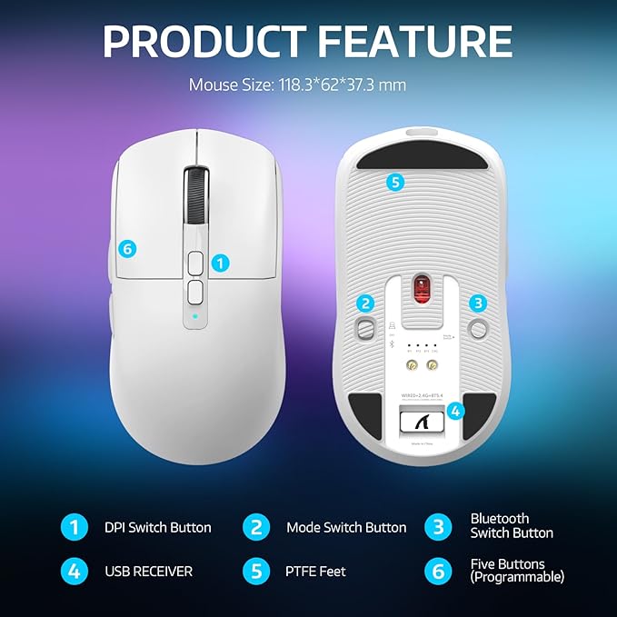 ATTACK SHARK X6 49g Superlight Wireless Gaming Mouse with Magnetic RGB Charging Dock, BT/2.4GHz Wireless/Wired Mouse, Ultralight Mice PixArt PAW3395 Sensor, 26000DPI, 200Hrs Battery for WIN/Mac