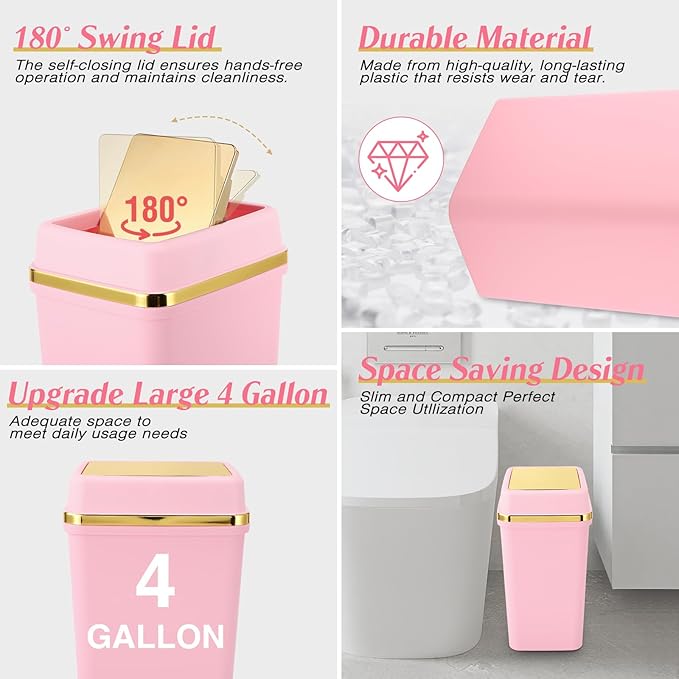 Bathroom Trash Can with Lid 4 Gallon Pink Trash Can Bedroom Trash Can Small Garbage Can with 300 Counts Trash Bags for Small Bathroom Bedroom Office