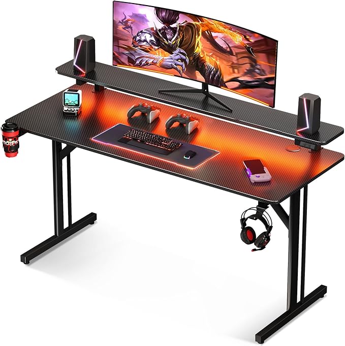 MOTPK 47 Inch Gaming Desk with LED Lights, Computer Desk Gaming Table with Monitor Shelf, Gamer Desk with Carbon Fiber Texture, Kids Boys Desk Gift for Men