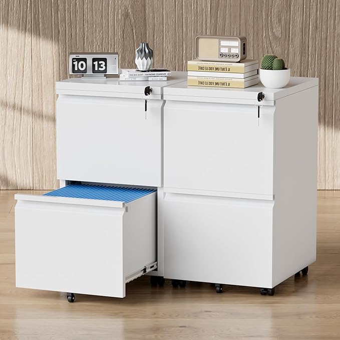 Greenvelly 2-Drawer Mobile File Cabinet with Lock, Metal Rolling Filing Cabinet on Wheels, Under Desk File Cabinet for Home Office, Fits Letter/Legal/A4 File (Assembly Required, White)
