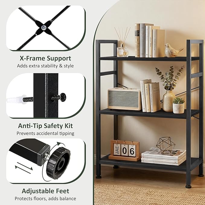 3 Tier Bookshelf, Free Standing Wooden Bookcase with Open Storage Shelves with Metal Frame, Sturdy Shelf Organization Display Rack for Living Room, Bedroom, Home Office, 27.6" Tall, Black