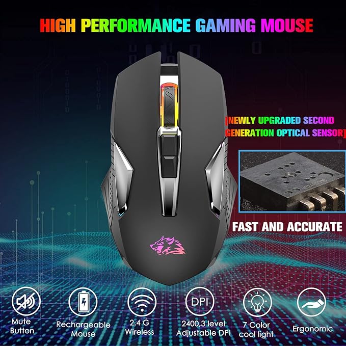 FELICON Wrieless Gaming Mouse, Silent Rechargeable Optical Sensor 3 Level DPI Computer Mice, Computer Wrieless Mouse with 7 Color LED Light for Windows/Mac/Linux/PC/Laptop(Black)