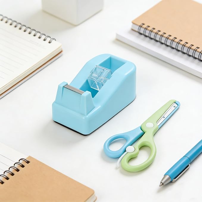 XEUZK Desktop Tape Dispenser Kits with Weighted Nonskid Base Tape Dispenser- Includes 9 Rolls of Transparent Tape(0.71 Inch x 500 inches Each) & Blue Scissors, 2 Pcs Tweezers (Lake Blue)