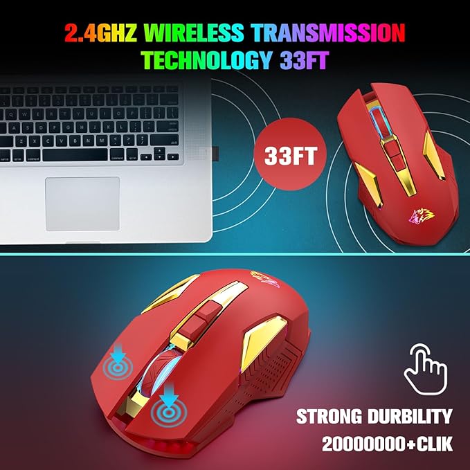 FELICON Wireless Gaming Mouse Rechargeable with Rainbow RGB Backlit,Optical Sensor 3 Level DPI,Ergonomic Gamer Laptop High Performance PC Mice with 8 Buttons for Windows 7/8/10/XP Vista（Red）