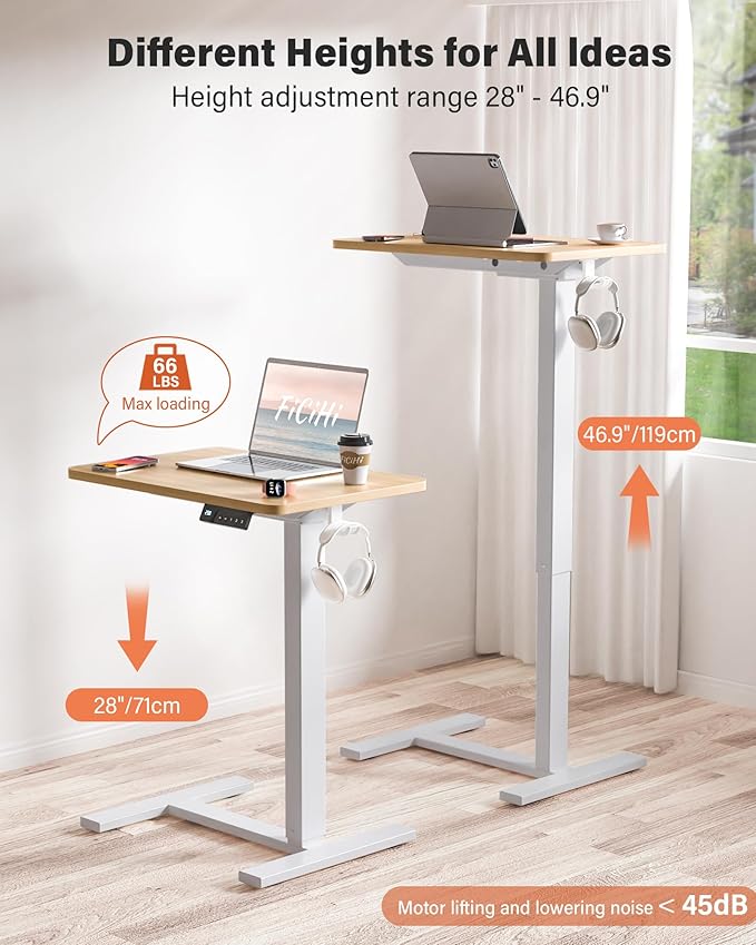 FiCiHi Electric Standing Desk with Wheels – Adjustable Height Mobile Sit-Stand Laptop Table, Portable Rolling Small Computer Workstation for Home Office & Bedside Use (24"x16", Maple)