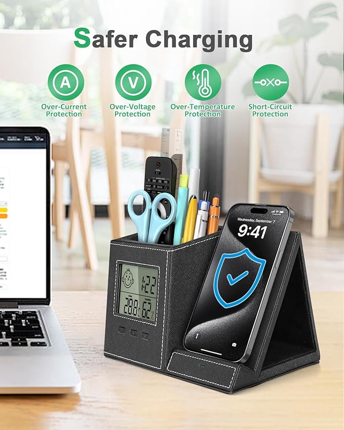 Pen Holder with Wireless Charger, Built in Digital Indoor Thermometer and Humidity Monitor, Multi-Functional Desktop Organizer for Home, School, Office Supply, Midnight Black