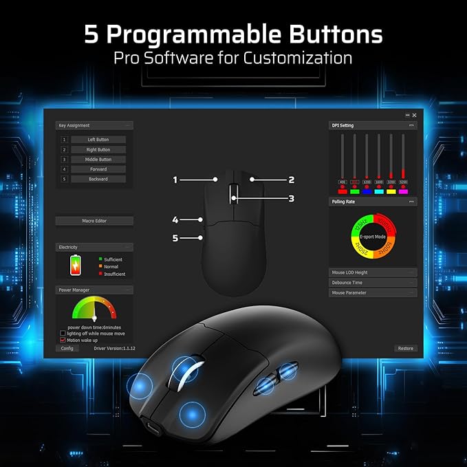 LTC GM022 Ultralight 3-Mode Wireless Gaming Mouse with RGB Charging Dock, PAW3395 26K DPI Sensor, 55G Lightweight Ergonomic Bluetooth Gaming Mouse, 5 Programmable Buttons, 80 Million Click Switch