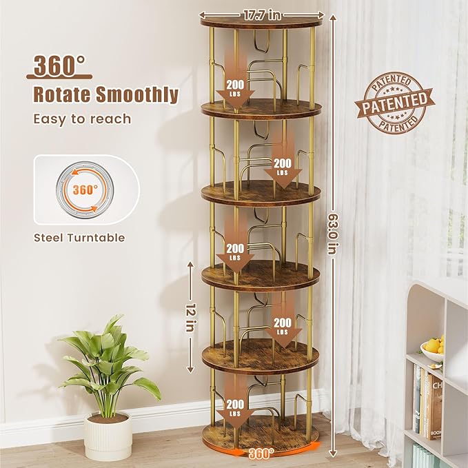 ALLSTAND 5 Tier Rotating Bookshelf, 360 ° Display Stackable Spinning Bookshelf Tower, Narrow Space Saving Tall Floor Standing Swivel Bookcase Corner Storage Organizer for Bedroom, Living Room, Gold