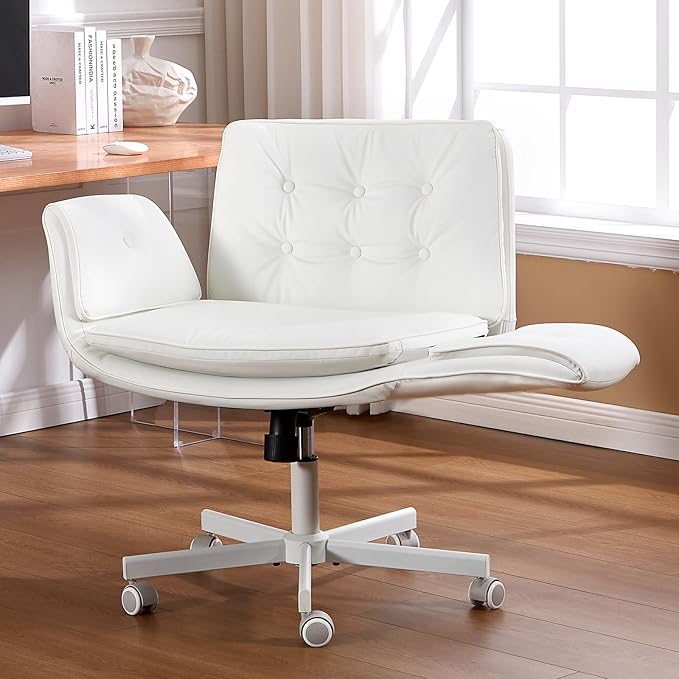 amseatec Criss Cross Chair with Armrests & Wheels, PU Leather Vanity Chair, Comfortable Adjustable Swivel Computer Office Desk Chairs for Home, Make Up, Bed Room (White)