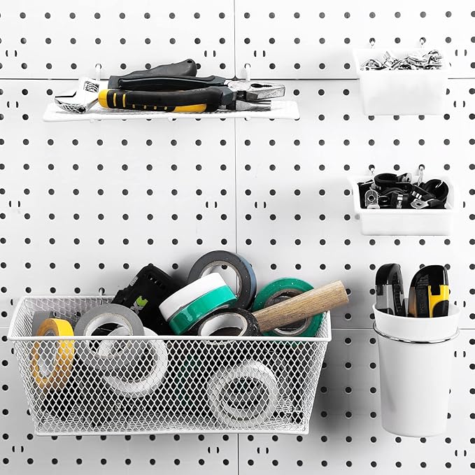 Sieral 30 Pcs Pegboard Organizer Accessories Kit Includes Peg Board Shelving Storage Basket Organizer Bins Hooks Loops Cup with Cup Holder for Garage Room Wall Attachments Tools(White, Silver)