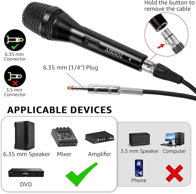 Wired Microphone for Singing,Professional Vocal Dynamic Handheld Karaoke,Cardioid Studio Mic,16.4 ft XLR & 6.35 MM with On and Off Switch, for Speakers/Mixer/Machine/Amp/Speech/Karaoke and Outdoors