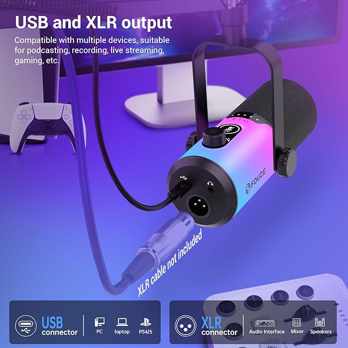 FDUCE Dynamic Gaming Microphone kit, USB/XLR Podcast Computer Microphone with Boom arm Stand, RGB Light, Mute Button and Headphone Jack, for Gamer Streaming Recording Studio YouTube Online Chat(D20+)