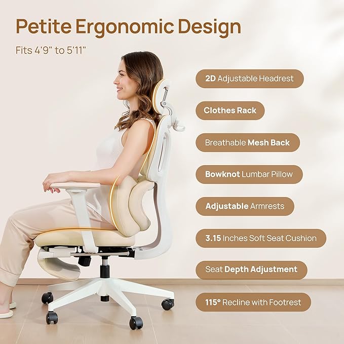 CabLady S1 Petite Ergonomic Home Desk Chair with Footrest and Headrest, High Back Fixed Lumbar Support with Detachable Pillow, Reclining Cute Office Chair for Women & Girls, 300 LBS Capacity