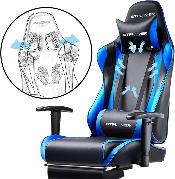 GTPLAYER Gaming Chair with Footrest, Ergonomic Computer Game Desk Chair, Reclining Gamer Chair Seat Height Adjustment, Swivel Rocker with Headrest and Lumbar (Blue)