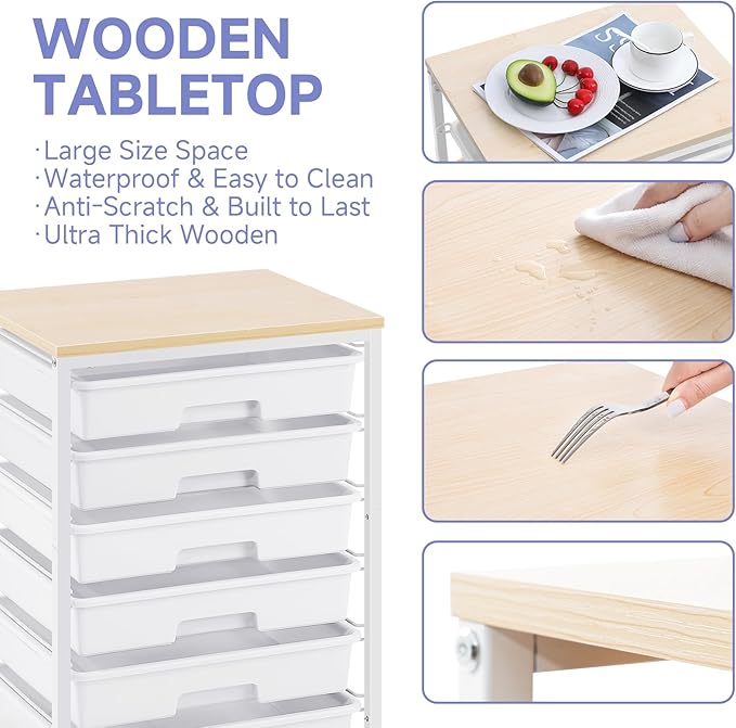 SYKIARIOL Rolling Cart with Drawers,Utility Cart with 6 Drawers,Rolling Storage Cart with Drawers and Wooden Tabletop & Lockable Wheel,White
