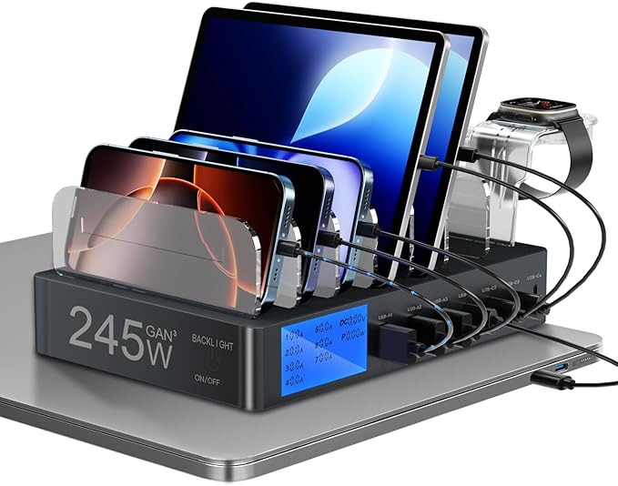 Charging Station for Multiple Devices, slitinto 245W 7-Port USB C Fast Charger Stations for MacBook, iPhone, iPad, Tablet, Family Multi Device Organizer with LCD Display, Black