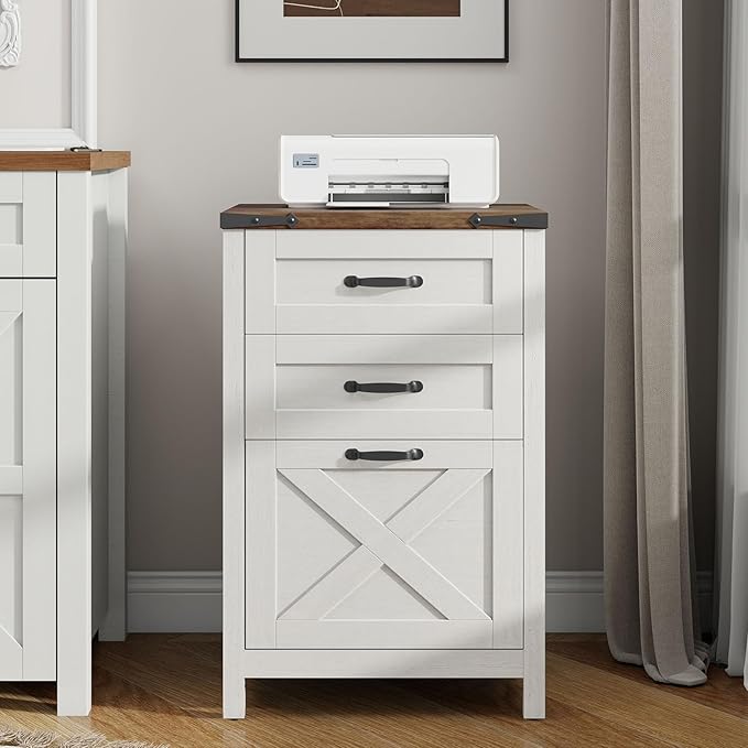 Vabches Vertical File Cabinet with 3 Drawers, Wooden Farmhouse Filing Cabinet for Letter/A4 Size Hanging Files, Under Desk Printer Stand with Storage for Home Office, Rustic White