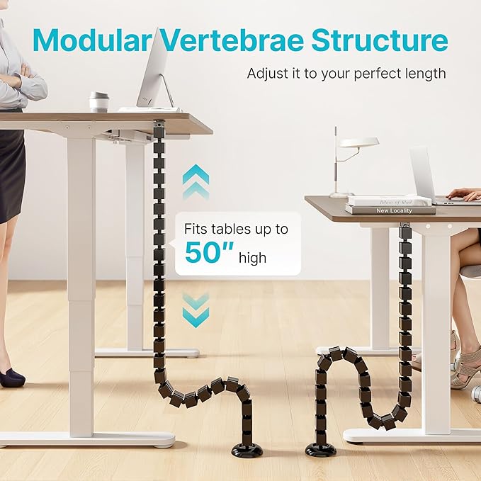 PEGZONE Under Desk Cable Management Spine, Flexible Cable Snake Organizer for Standing Desk, Screw Mounted Vertebrae Wire Management for Table, Black