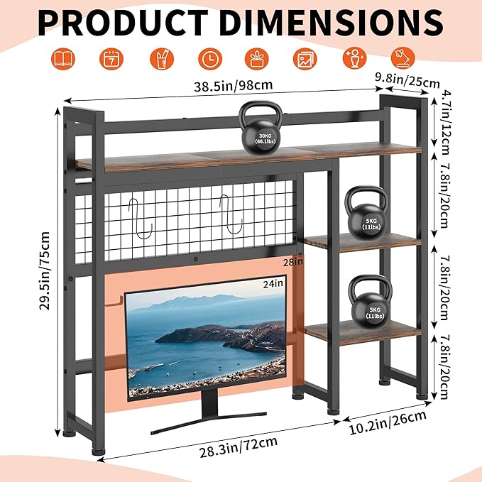 Desktop Shelf, 38.5'' Desktop Organizer Shelf for Computer Monitor, 4 Tier Hutch Storage Rack for Home Office Dorm, Rustic Brown