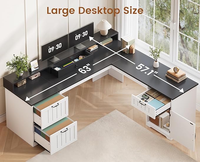 SEDETA 63" L Shaped Desk with Drawers, Farmhouse Office Desk with File Drawers, Wood Corner Computer Desk with Storage, Home Office Desk with Monitor Stand and Storage Cabinet, Black and White