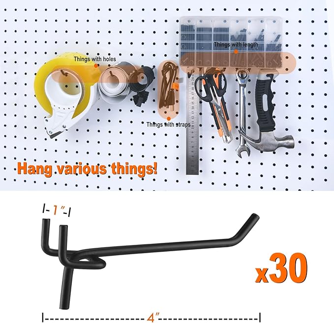 G.CORE Pegboard Hooks Accessories - 30pcs 4inch Metal Peg Board Tool Hangers, Fits 1/8 1/4 Pegs Slots, Pegboard Wall Organizer Shelving Racks, Hanging Display Storage Holders for Garage Craft (Black)