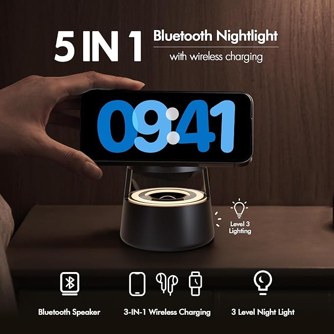 5 in 1 Magnetic Wireless Charger Bluetooth Speakers and Night Light for Apple Mag Safe iPhone 17 16e 16 15 14 13 12 Pro Max iWatch and AirPods Fast Charging Station Gift Ideal for Men Teenage Boys