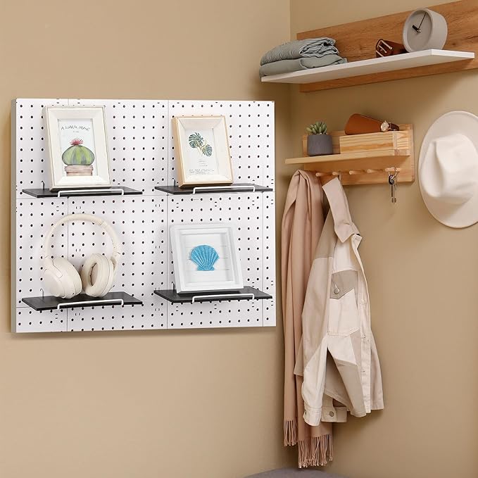 Wonderjune 4 Pcs Wooden Pegboard Shelves with Metal Pegboard Shelf Brackets Peg Board Display Storage Tray Wall Organizer Peg Board Accessories for Craft Room Home Kitchen(Black,9.84 x 5 Inch)
