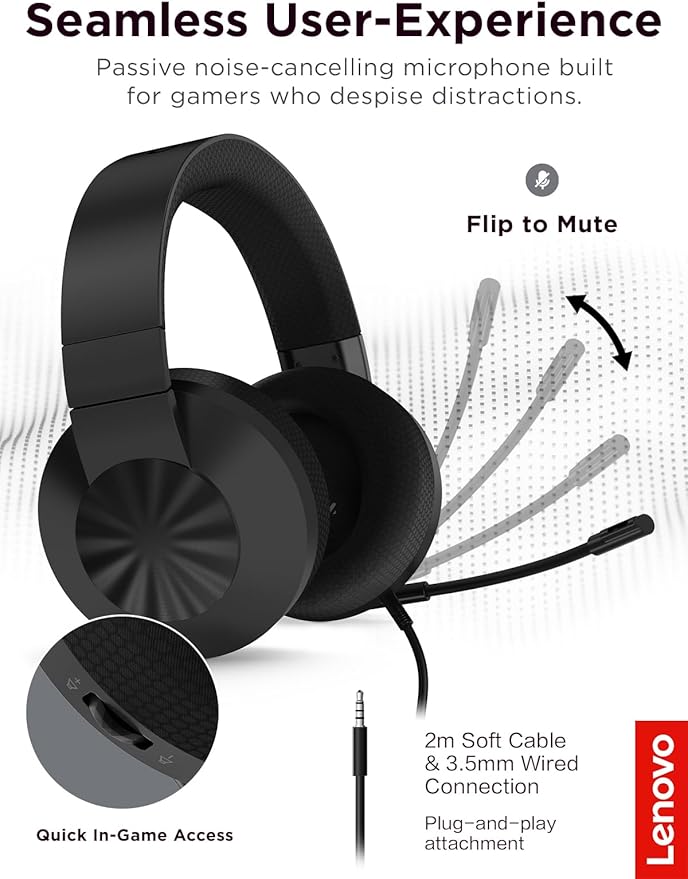 Lenovo H210 Wired Gaming Headset - 3.5mm Connection, Flip-to-Mute Noise-Cancelling Microphone, Breathable Ear Cups - Black