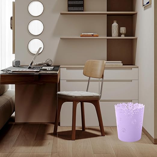 Simple Cute Wastebasket Hollow Flower Shape Plastic Lidless Wastepaper Baskets Trash Can 3.6 Gallons Garbage can (Purple, XL)