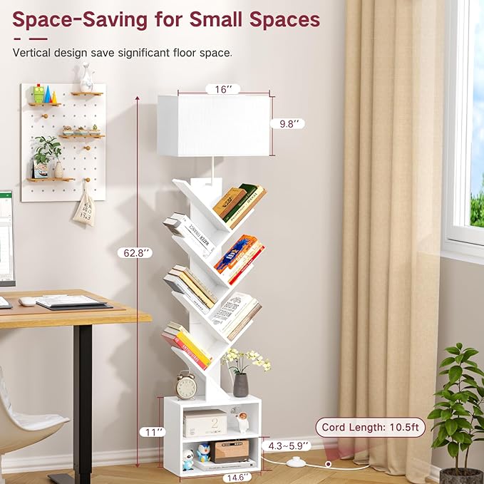 9 Tier Tree Bookshelf with Light, Remote, Timer & Cabinet, Dimmable Modern Tall Floor Standing Corner Book Shelf, Small Narrow Wood Bookcase for Living Room, Bedroom, Office(White)