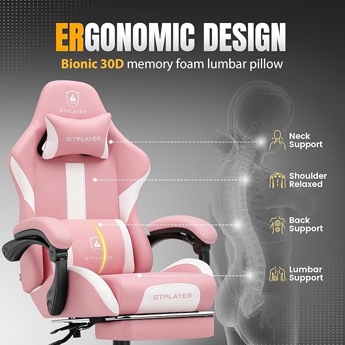 GTPLAYER Gaming Chair with Foot Rest & Pocket Spring Cushion, Ergonomic High Back Computer Chair with Headrest & 360°-Swivel Seat for Home Office Desk, PU Leather, Pink