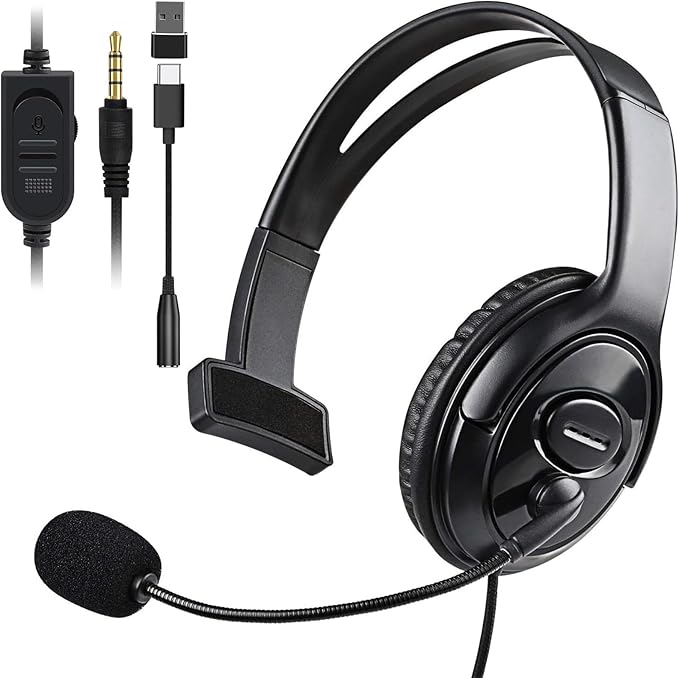 Wired Single Ear Headset with 3.5mm Jack & USB-C & USB-A Adapter for PS5, PS4, Xbox, Switch, PC, iPhone, iPad, Android - Unilateral Mono Headphone for Gaming, Call Center, Remote Work, Online Classes