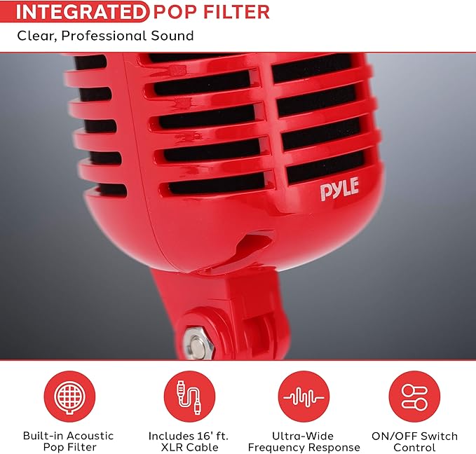 Pyle Classic Retro Dynamic Vocal Microphone - Old Vintage Style Unidirectional Cardioid Mic with XLR Cable - Universal Stand Compatible - Live Performance, In-Studio Recording - Pro PDMICR42R (Red)